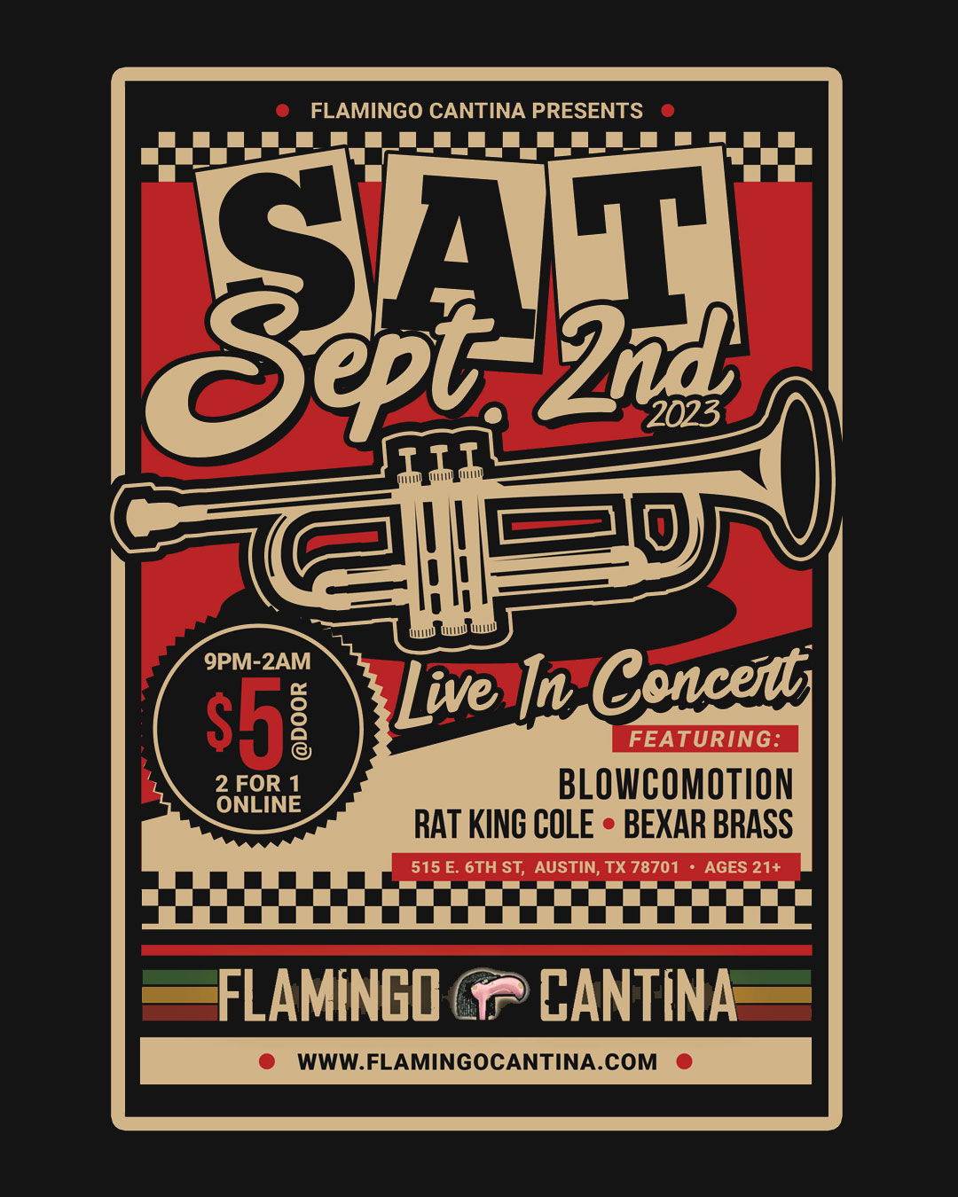 Poster with trumpet and details about the show: Sat. Sept 2nd, Live in Concert, featuring Blowcomotion, Rat King Cole, Bexar Brass, 9pm to 2am, $5 at the door, 2 for 1 online.